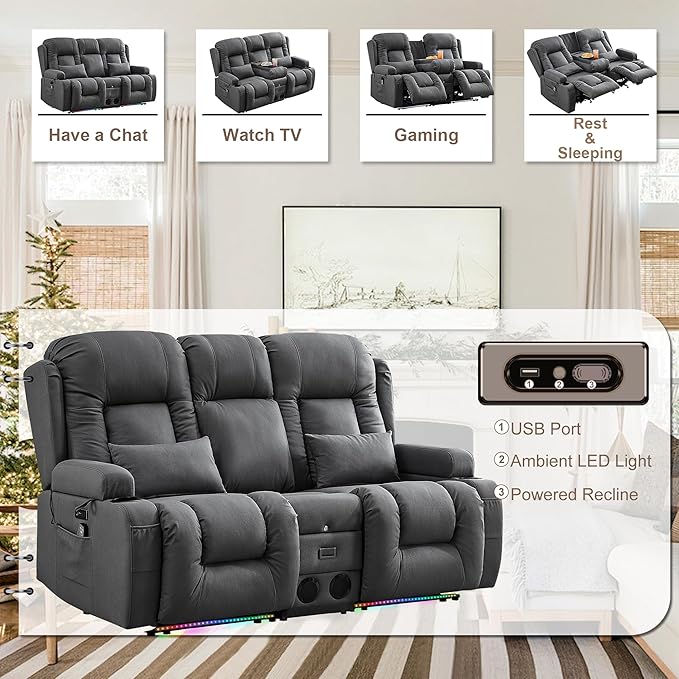 TUNYI Power Loveseat Recliner Sofa with Massage &amp Heat Home Theater Seating with Console RV Recliner Loveseat Sofa with USB/Storage/Side Pocket/LED Light/Speaker (Dark Grey Loveseat)