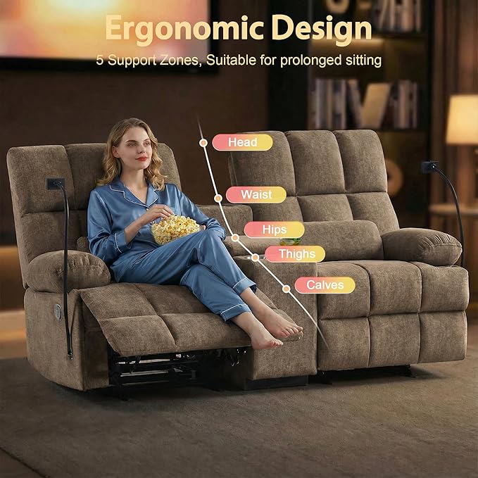 Recliner Loveseat Sofa with Rocker FunctionCat-Proof Rocking Reclining Loveseat with Phone Holder/USB/Type C RV Double Rocker Reclining Couch for Home TheaterLiving Room (Brown) | Rocker Function