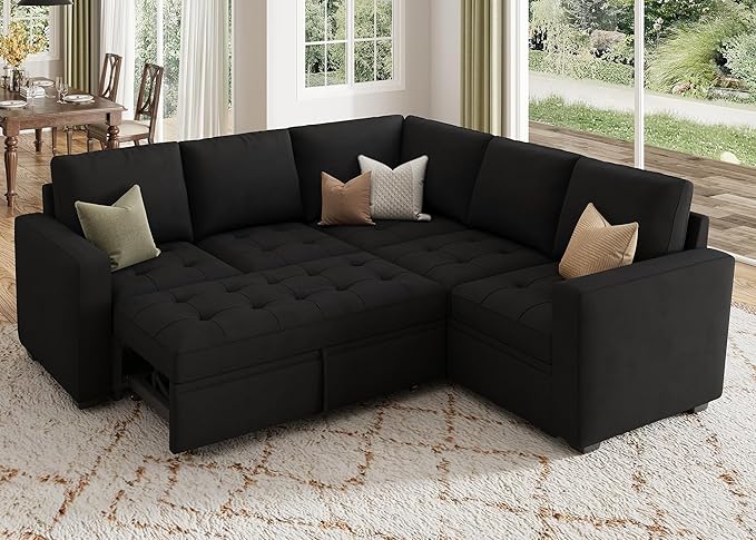 HONBAY Modular Sectional Sleeper Sofa with Pull Out Bed Velvet Convertible L Shaped Couch with Storage Seat Sectional Couches for Living Room Black