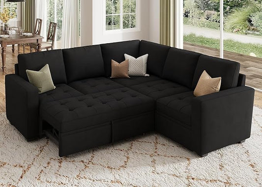HONBAY Modular Sectional Sleeper Sofa with Pull Out Bed Velvet Convertible L Shaped Couch with Storage Seat Sectional Couches for Living Room Black