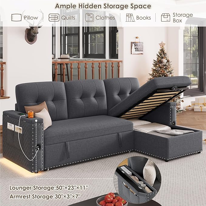 HIFIT Sleeper Sofa Bed- 81 L Shaped Pull Out Couches for Living Room with Storage Chaise 2 Storage Armrest LED Light&ampUSB Port&ampCupholder Modern Linen Sectional Home Sofa Living Room Furnitu