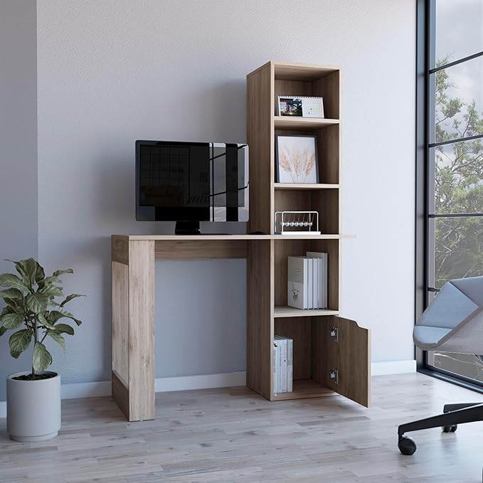 Computer Desk with Bookcase and Cabinet Integrated 4-Tier Bookcase Ample Work Surface Space-Saving for Home Office Living Room