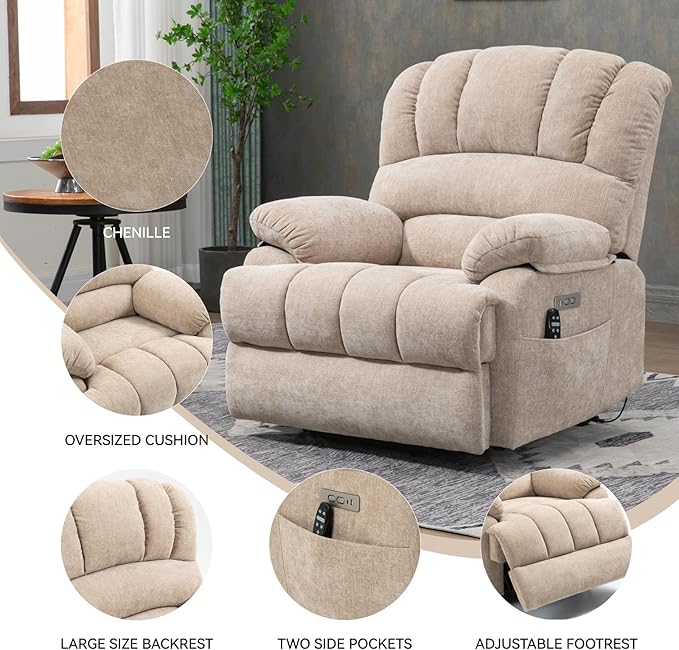 Power Lift Recliner Chair for Elderly with Heat Function 8 Node Massage with 3 Modes Silent Operation Oversized Electric Lift Recliner Single Sofa for Living Room with USB Charging Beige