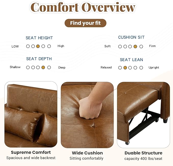 Brown Convertible Sofa Bed 3-in-1 Sleeper Sofa with Pull-Out Bed PU Leather Futon Couch with Adjustable Backrest USB Port for Living Room Bedroom Apartment RV (Brown)
