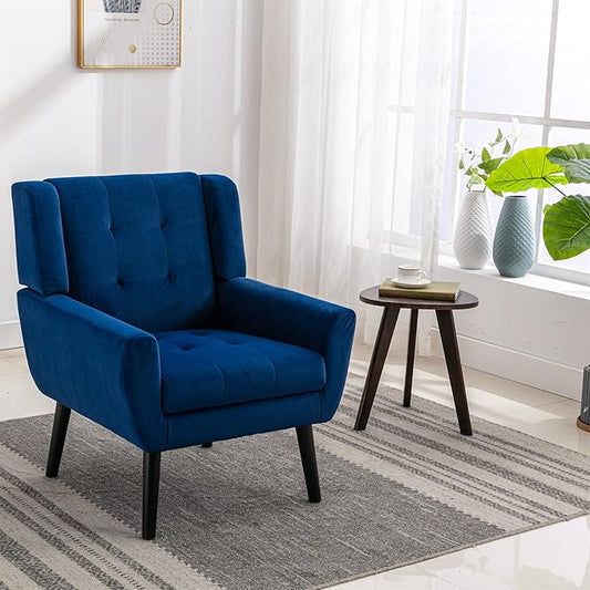 SSLine Velvet Accent Arm ChairMid-Century Modern Upholstered Wingback Single Sofa Armchair Club Chair with Solid Wood Legs Thick Cushion for BedroomReadingLiving Room Chair (Blue)