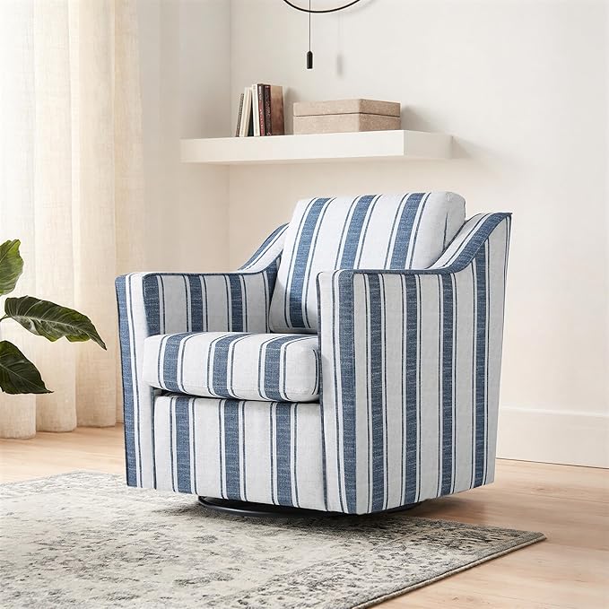 Swivel Accent Chair Modern Round Barrel Arm Chair for Living Room Bedroom Comfy Club Reading Chairs for Adults (Stripe Navy Blue Set of 2)