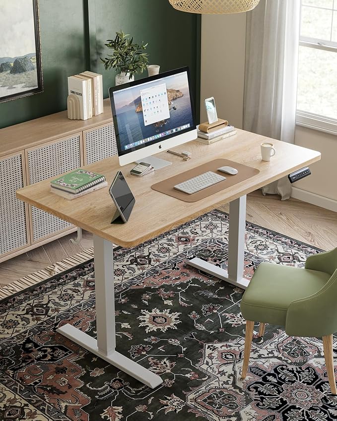 CubiCubi 40 x 24 Small One-Piece Standing Desk Adjustable Height Electric Computer Sit Stand up Home Office Workstation with 4 Memory Presets Headphone Hook Maple