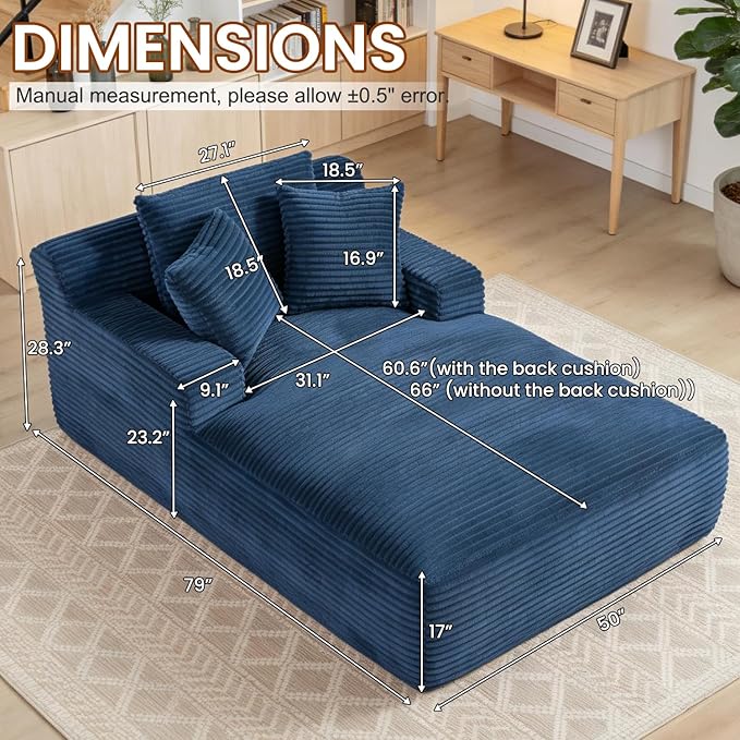 Avenix 79” Oversized Chaise Lounge Chairs Indoor Corduroy Boneless Chaise Lounges Chairs Indoor Deep Seat Big Comfy Reading Chair Cloud Sleeper Chair Sofa Couch Bed for Living Room Blue