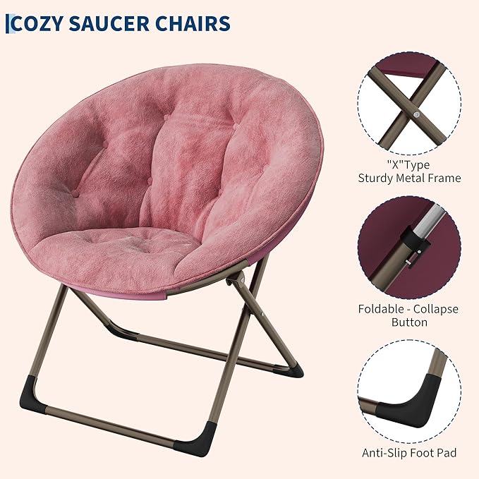 GAOMON Saucer Chair Comfy Chair Faux Fur Lounge Moon Chair with Folding Metal Frame Oversized Plush Flower Accent Seat for Adults Teens &amp Kids for Teens Bedroom Dorm or Living Room Rose Pin