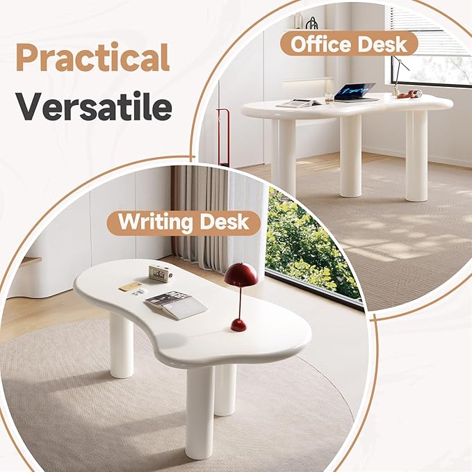 Guyii 62 Modern Home Office Desk White Computer Desk Study Table Simple Console Table with 3 Legs Large Gaming Desk for Study Room Iregular