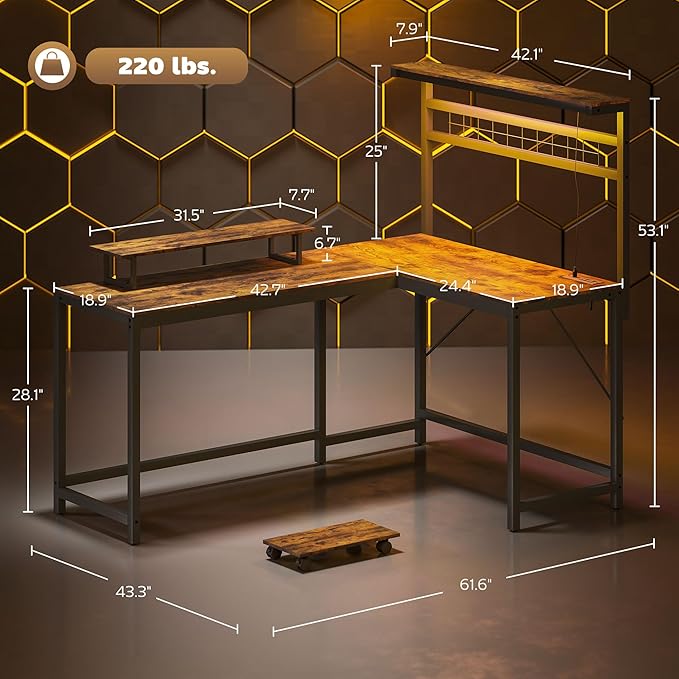 61.6'' L Shaped Gaming Desk with Power Outlets &amp LED Lights Reversible Computer Table with Monitor Stand and CPU Shelf Cornor Office Table PC Desk for Writing Study (Rustic Brown)