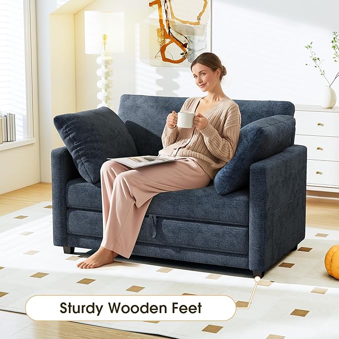 51 Convertible Sofa Bed 2 in1 Folding Sofa Bed Loveseat Sleeper Sofa for Small Spaces Fold Out Floor Couch with 2 Pillows for Apartment Living Room &amp Guest Room Deep Blue Chenille Fabric