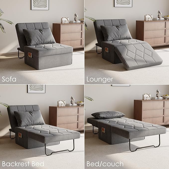 Convertible Sofa Bed with 5-Level Adjustable Backrest 70 D x 34 W 4-in-1 Folding Ottoman Sleeper Chair Bed Modern Single Futon Couch for Living Room Apartment Dorm Small Space Light Grey