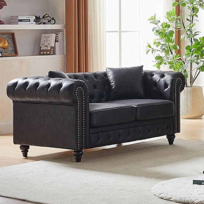 Mid Century Modern Loveseat Sofa 63.5W High-tech Fabric Button Tufted Small Couch with Nailhead Trim &amp Roll Armrest Upholstered Comfy Chesterfield Sofa for Living Room Office(2 Seater Black)