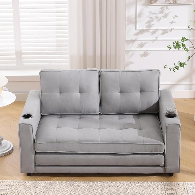ERYE Foldable Loveseat Sofa Convertible Pull Out Sleeper Sofabed2 Seat Tufted Upholstered Sofa Modern Convertible Sleeper Couch Bed with Cupholders and Side Pockets