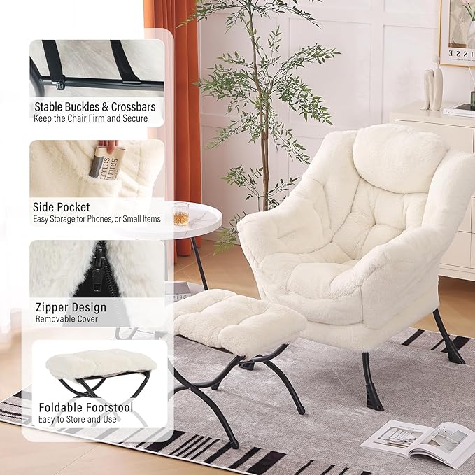 Lazy Chair with Ottoman Modern Accent Chair with Armrests and a Side Pocket Plush Beige Accent Chairs Reading Chairs Oversized Armchairs for Bedroom Study Living Room Courtyard