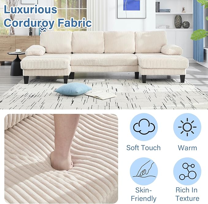 Sectional Couches for Living Room 114 Cloud Couch Modular Sofa Convertible U Shaped Couchs with Double Chaise 4-Seat Deep Seats Corduroy Sleeper Sofas for Home Furniture Beige