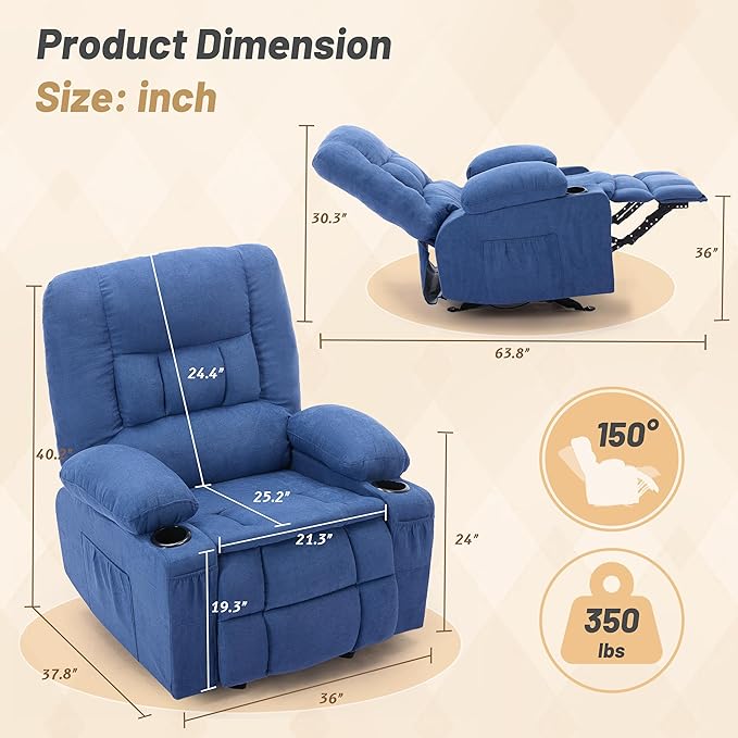 Rocker Recliner Chair with Massage and Heat Nursery Rocking Chairs for Living Room Recliner Chair for Adults Ergonomic Comfy Relining Chair with Cup Holders USB Charge Port Side Pockets Blue