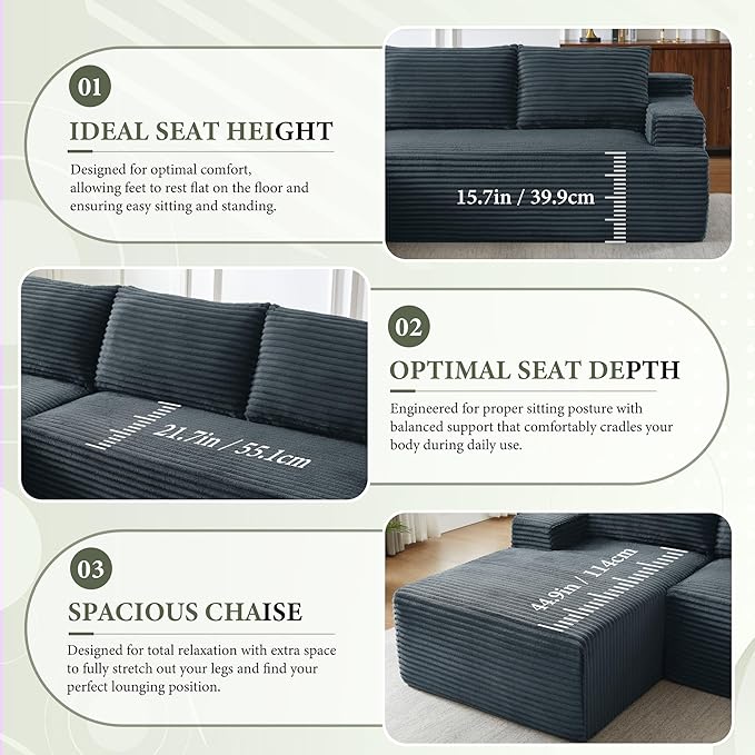 96 Sectional Couches for Living Room Cloud Couch Sofa with L-Shape Upholstered Boneless Couchs Modern Modular Sectional Couch with Chaise (Dark Grey 96 W+Left Facing Chaise+2Seaters)