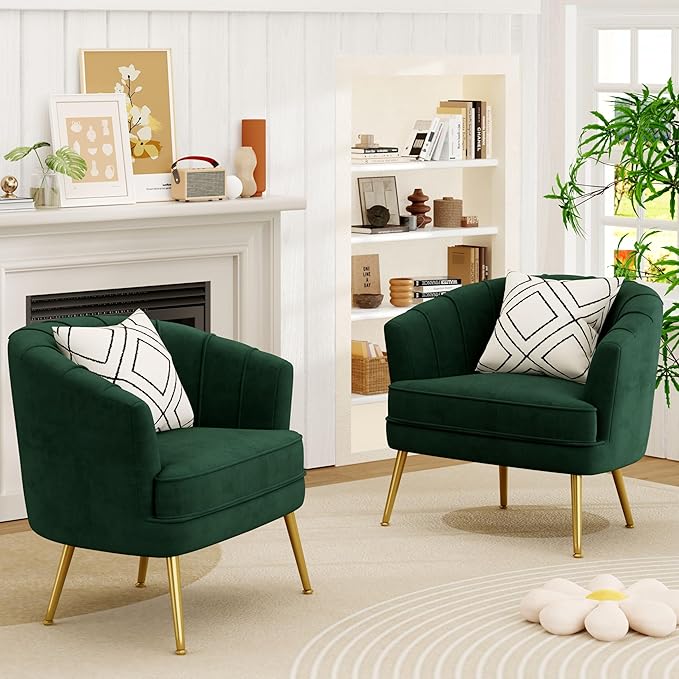 Andeworld Velvet Accent Chair Set of 2 Upholstered Modern Single Sofa Side ChairComfy Barrel Club Living Room Armchair with Golden Metal Legs for Bedroom Living Reading Room Office Green