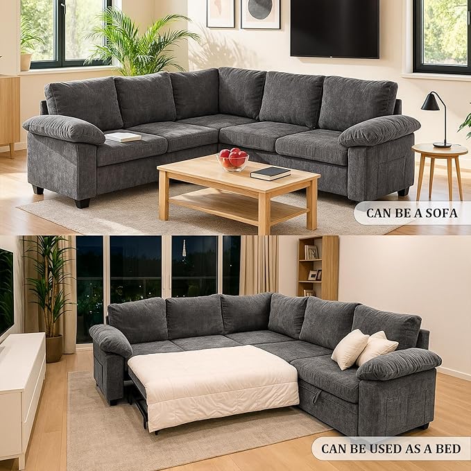 85 Inch Modular Sectional L Shaped Couch Sofa with Pull Out Bed5 Seat Sectional Sleeper Sofa with StorageCouches for Living Room (Gray 5 Seat Sleeper Sofa)