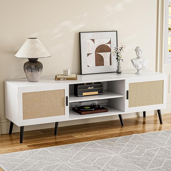 TV Stand for TVs up to 65'' Mid Century Modern Entertainment Center with Rattan Door Shelves &amp 2 Cabinets Boho Media TV Console for Living Room Bedroom White