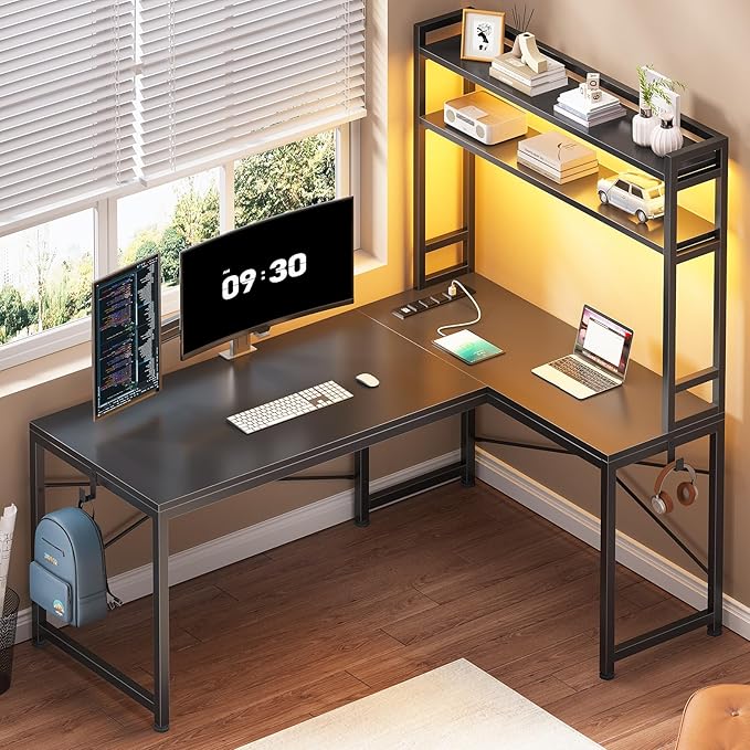 SEDETA L Shaped Gaming Desk Reversible 45.3” Small Corner Desk with Power Outlet and LED Lights Corner Gaming Desk with Storage Shelves Hooks for Small Space Black