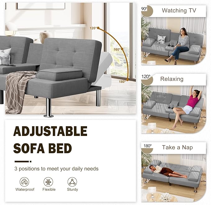 Shahoo Modern Linen Upholstered Convertible Folding Futon Sofa Bed with Removable Armrests Metal Legs 2 Cup Holders for Living Room Light Grey