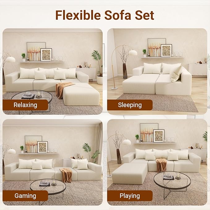 Cloud Modular Sectional Sofa for Living Room L Shaped Sectional Couch with Deep Seat 3-Seater Boneless Couch with Ottoman in Soft Corduroy Fabric Beige