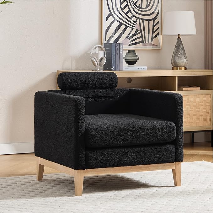 Mlmh &amp Kngwa 35.43 W Accent Chairs with Ottoman Upholstered Accent Chairs Ottoman Set with Natural Wood Legs Single Sofa Wingback Armchair for Living Room Bedroom Black