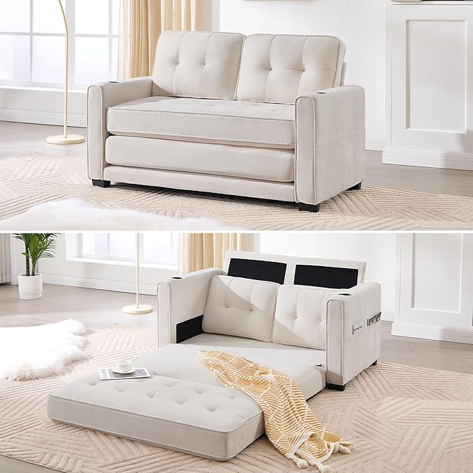 Convertible Sofa Bed Pull Out Loveseat Sleeper CouchLinen Fabric 2 in 1 Folding Couch Bed Fold Out Floor Futon Couches with Cup Holder for Living Room BedroomSmall Space Beige