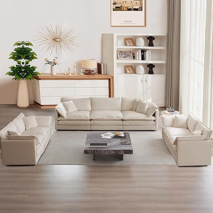 mikibama Luxury Oversized 3 Piece Sofa Set 2 Pieces of 2 Seater and 1 Piece of 3 Seater Sofa Modern Chenille Comfy Cloud Couches Set with 13 Pillow for Living Room Office Light Coffee