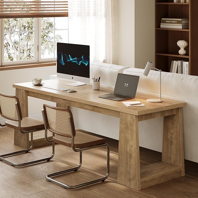 LITTLE TREE 86.6 Two Person Office Desk Computer Desk Gaming Double Desks for 2 People Wood Large Writing Table Home Office Workstation for 2 Natural Oak