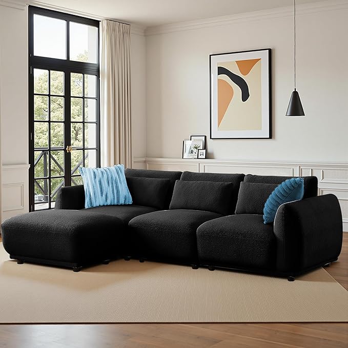 Sectional Sofa Couch Modern U Shaped Sectional Couch with Ottoman Modular Sectional Sofa Cloud Couches for Living Room (Black 3 Set + 1 Ottoman)