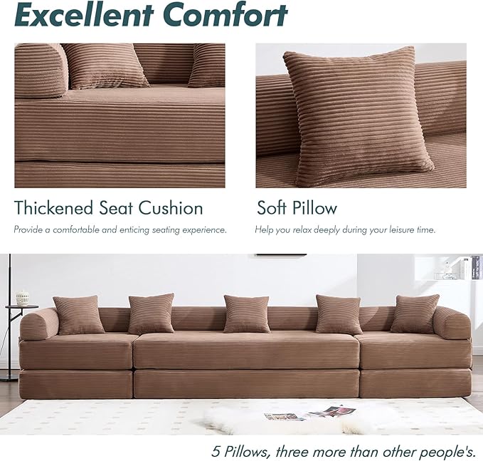 10-in-1 Folding Convertible Sofa Bed 141 Inch Boneless Couch with Fixed-Shape Frame Corduroy Modular Sectional Sofa Mattress Sleeper Sofa Floor Sofa Futon Couch for Living Room (Brown)