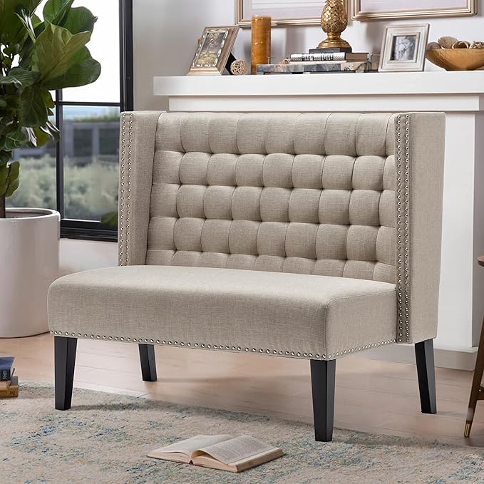 Tongli 46 Small Modern Loveseat Settee Sofa 2-Seat Sofa Couch Tufted Love Seat Dining Bench with Nail Head Trim Back Banquette Sofas for Living Room Small Space Entryway Hallway Khaki