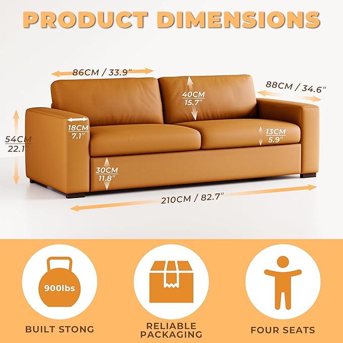 82.7 Inch Retro Orange Leather Couch Loveseat with Square Arm Mid Century Modern Comfy Compact 3-Seat Upholstered Sectional Sofa for Living Room Office and Small Space