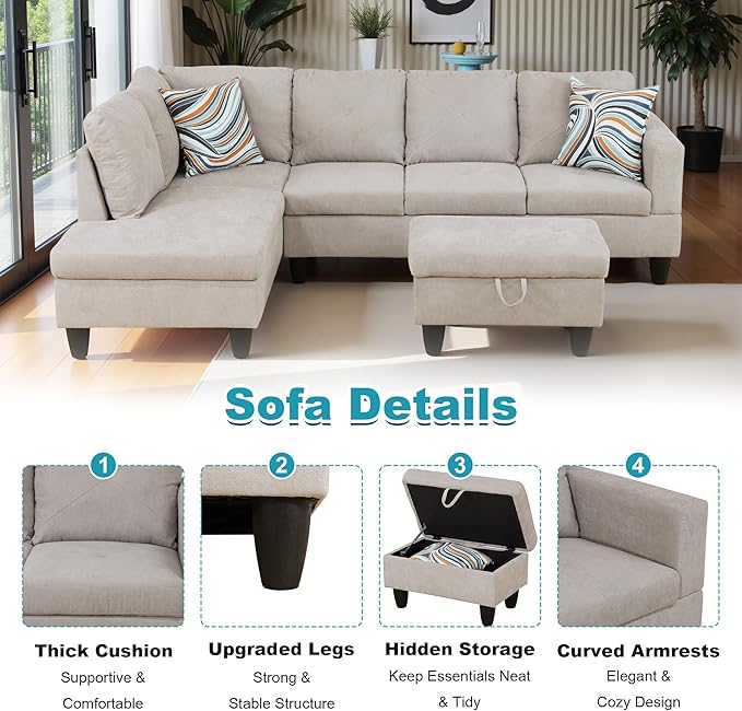 97 Oversized Sectional Couch L Shaped Couch with Storage Ottoman Modern Modular Sofa with Deep Seat Sectional Couches for Living Room and Office Off-White (Flannelette)