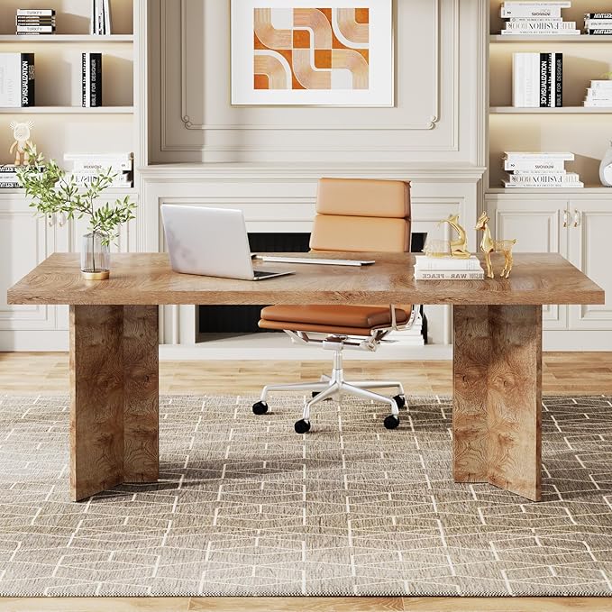 Tribesigns 63-inch Executive Desk Vintage Home Office Computer Desk with Large Tabletop Farmhouse Wood Writing Conference Table Workstation for Office Study Light Oak Brown