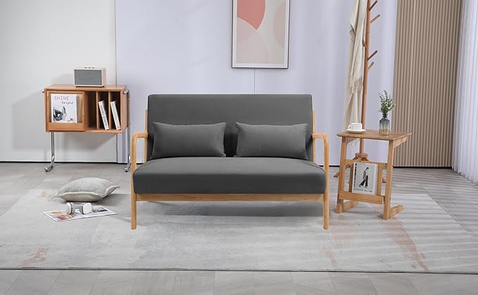 JOYBASE Loveseat Sofa for Small Space Mid-Century Modern Wood Love Seat Couch Sofa with Armrests for Living Room Apartment Office Bedroom (Dark Grey Fabric)