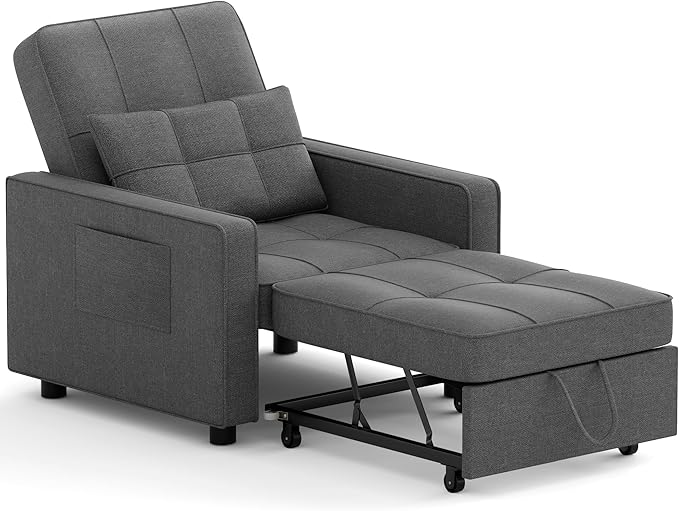 JUMMICO Sleeper Chair 3-in-1 Convertible Sleeper Sofa Bed for Adults Linen Fabric Pull Out Chair Bed with Adjustable Backrest Couches for Living Room Apartment Office Small Space (Dark Gray)