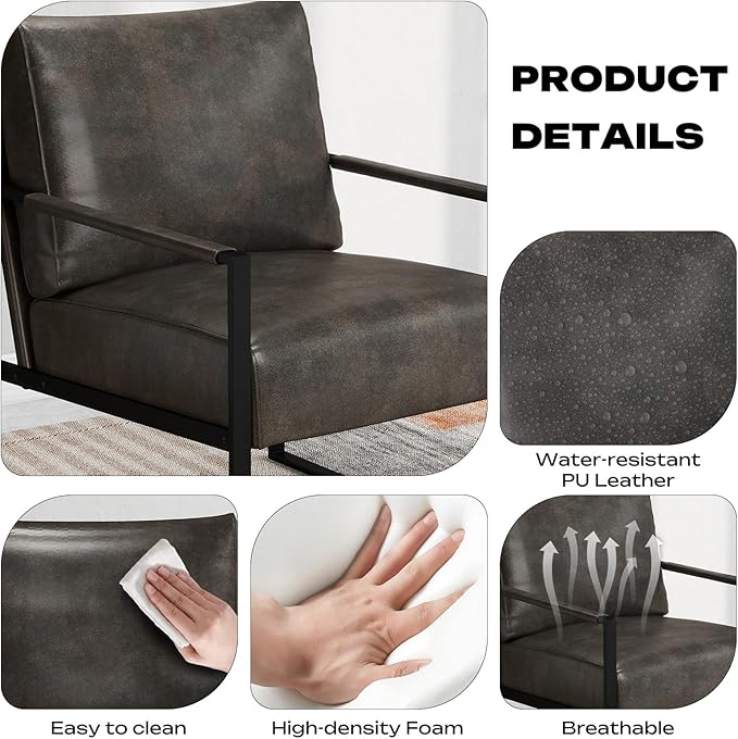 Leather Accent Chair Set of 1 Metal Framed Armchair with Extra Soft Backrest and Cushion Mid Century Modern Chair with Sturdy Structure Modern Arm Chair for Living Room/Office/Bedroom Dark Grey
