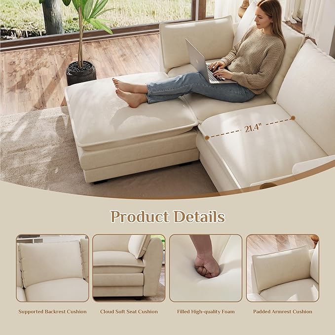 145'' Oversized Modular Sectional Sofa U Shaped Cloud Sectional Couches for Living Room Deep Seat Sofa with Central Console USB Port Cup Holders Movable Ottomans (Beige White)