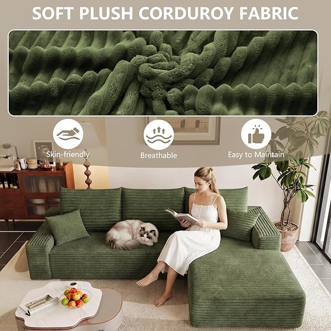 95 Modular Sectional Sofa Cloud Sectional Couch with Deep Seat Corduroy Boneless Couch with L-Shape Sofa for Living Room No Assembly Required(Green Right Facing Chaise)