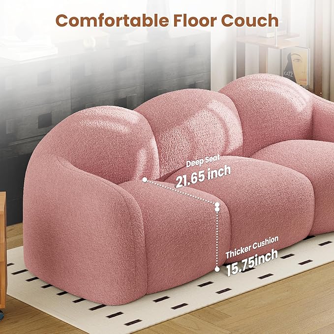 90.55 Inches 3-Seater Sofa Couch Modern Teddy Plush Boneless Sofa in a Box Soft Couches for Living Room Apartment No Assembly for Small Spaces Pink