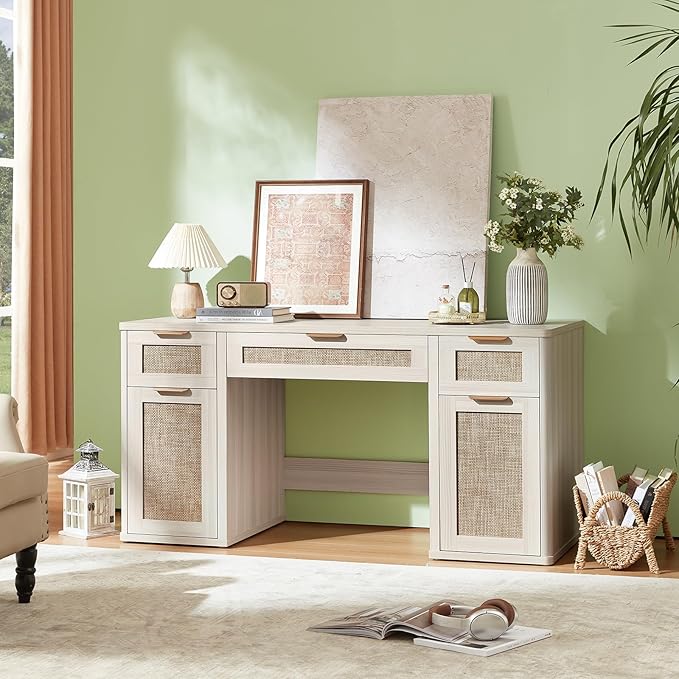 LEYAOYAO Office Desk 56 with 5 Drawers Storage File Cabinet Rattan Wood Desk for Computer Office Bedroom Home Furniture Light Gray
