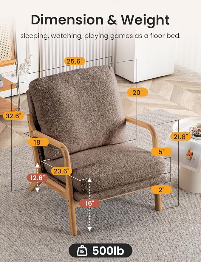 Mid Century Modern Accent Chairs for Living Room 23” Wide Comfy Chair for Bedroom Small Cozy Sherpa Reading Chairs for Adults 108° Lounge Arm Chair Indoor with Detachable Cover 5.5 Foam Cushion