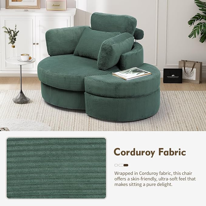 Oversized Swivel Chair with Ottoman 41.3 Swivel Accent Chair Barrel Chairs with USB Charging Port Round Chaise Lounge Indoor with 4 Pillow Reading Chairs for Living Room (Corduroy Olive Green)