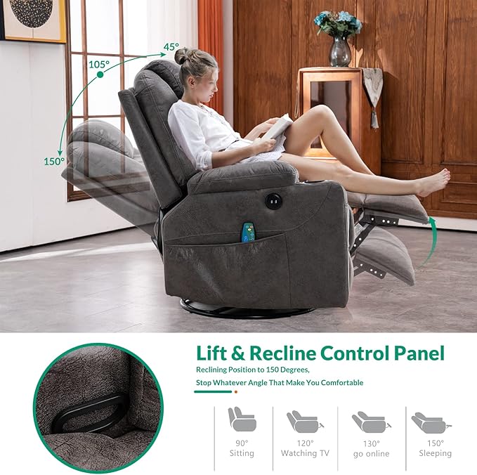 VIVIJASON Manual Massage Rocker Recliner Chair 360° Swivel Glider Lounge Chair with Heat Ergonomic Home Theater Recliner Sofa with 2 Side Pockets Cup Holders &amp USB Ports for Living Room Gray
