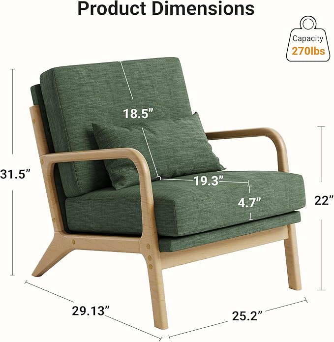 Claiks Mid-Century Modern Accent Chair Living Room Armchair with Solid Wood Frame &amp Lumbar Pillow Comfy Upholstered Lounge Chair for Bedroom Office Linen-Like Fabric Green